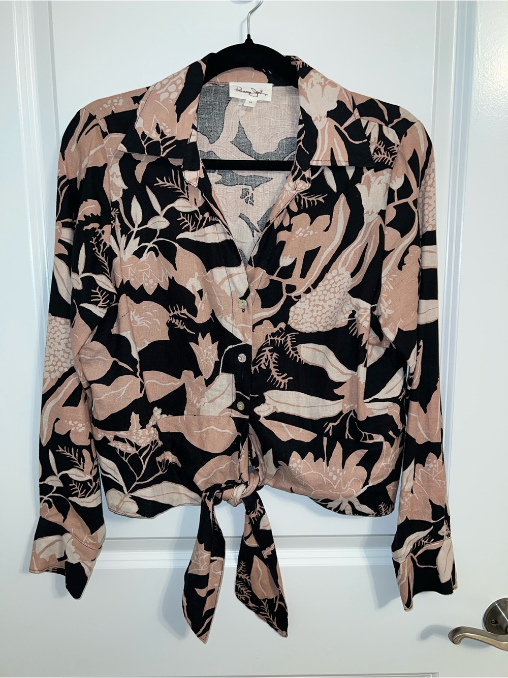 Panama Jack Button-Front Tie Hem Floral Blouse - Black, Pink, and Beige